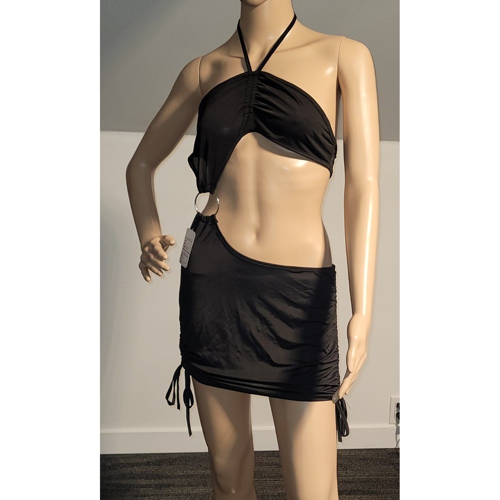 Sexy Women Black Mini Stretch Dress with Gold‎ Ring Accent Medium SL4109-2